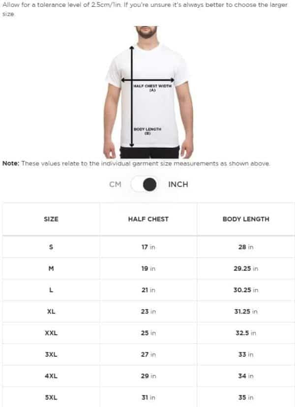 unisex t shirt sizing