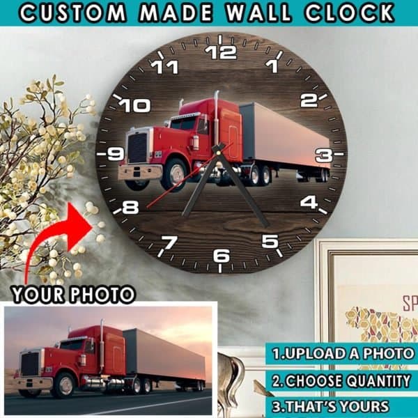 Personalized Photo Semi Truck Wall Clock, 12” Wooden, Big Rig decor ...