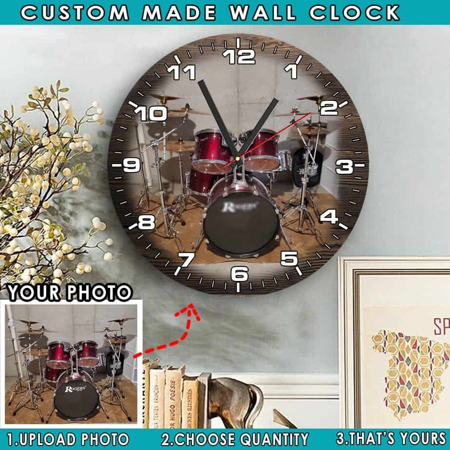 Personalized Photo Drummer Wall Clock, 12” Wooden, Drummer decor