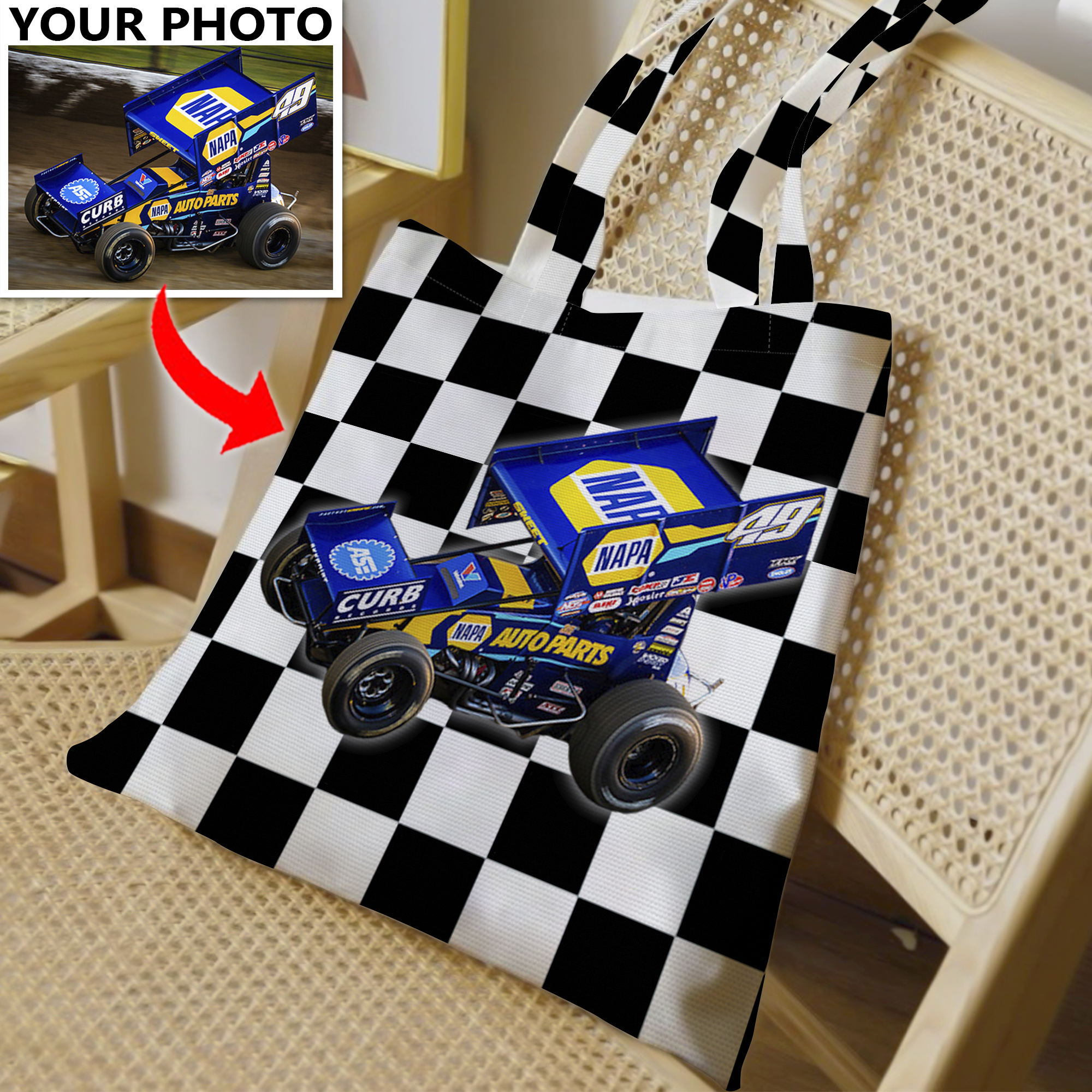 Tote Racing Paper Dirt Track Racing Custom Photo Checkered Flag Tote Bag – Kool-Kool