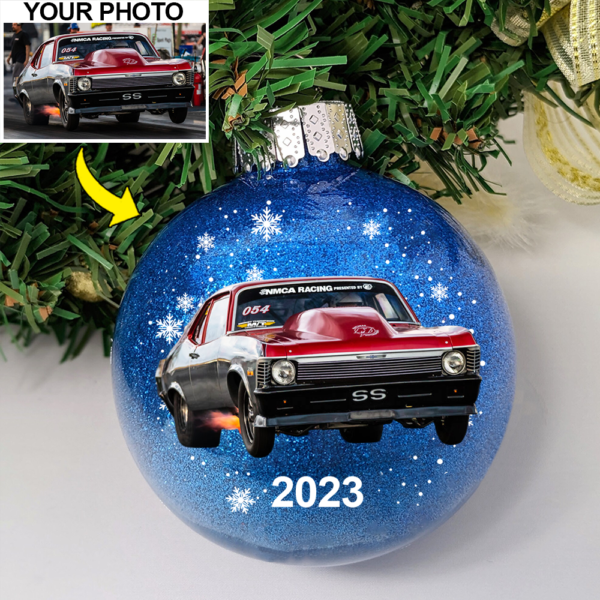 Personalized Photo Drag Racing Lovers Glitter Plastic Ornament, Drag