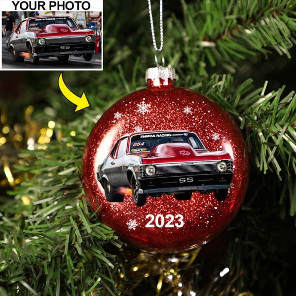 Personalized Photo Drag Racing Lovers Glitter Plastic Ornament, Drag