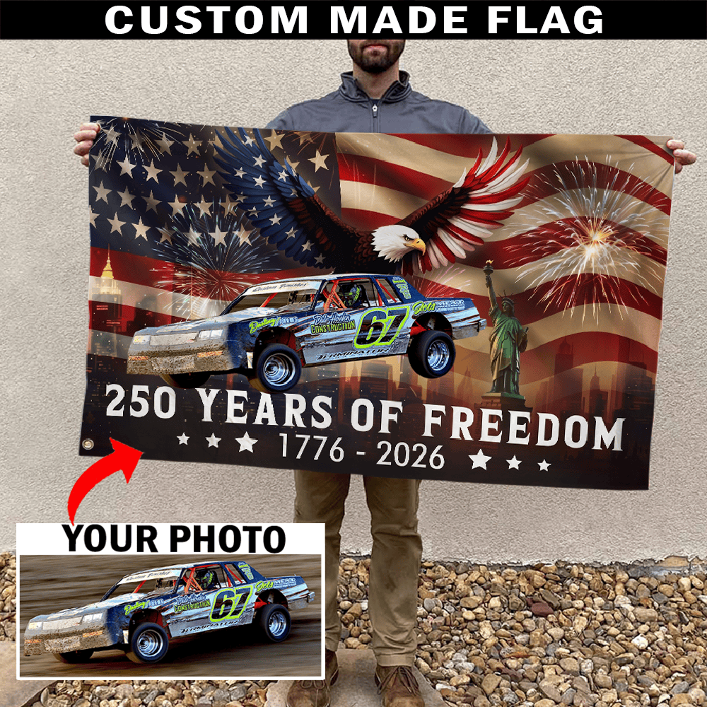 Personalized Custom Photo 250 Years of freedom Dirt Track Racing House Flag, Dirt racing Garage Decor, Xmas Father’s day mother’s day gift for dirt track racers
